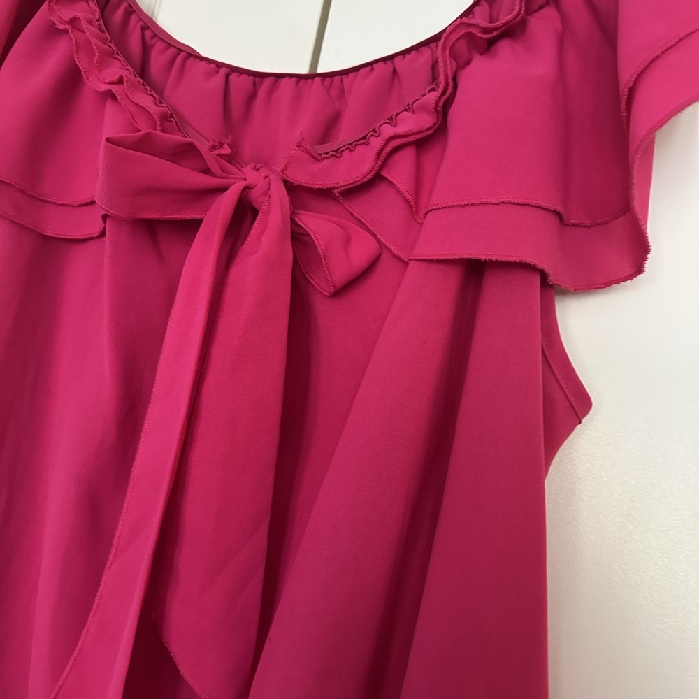 Shein Curve Blouse Womens 4XL Hot Pink Off Shoulder‎ Ruffle Bow Plus Tunic Top